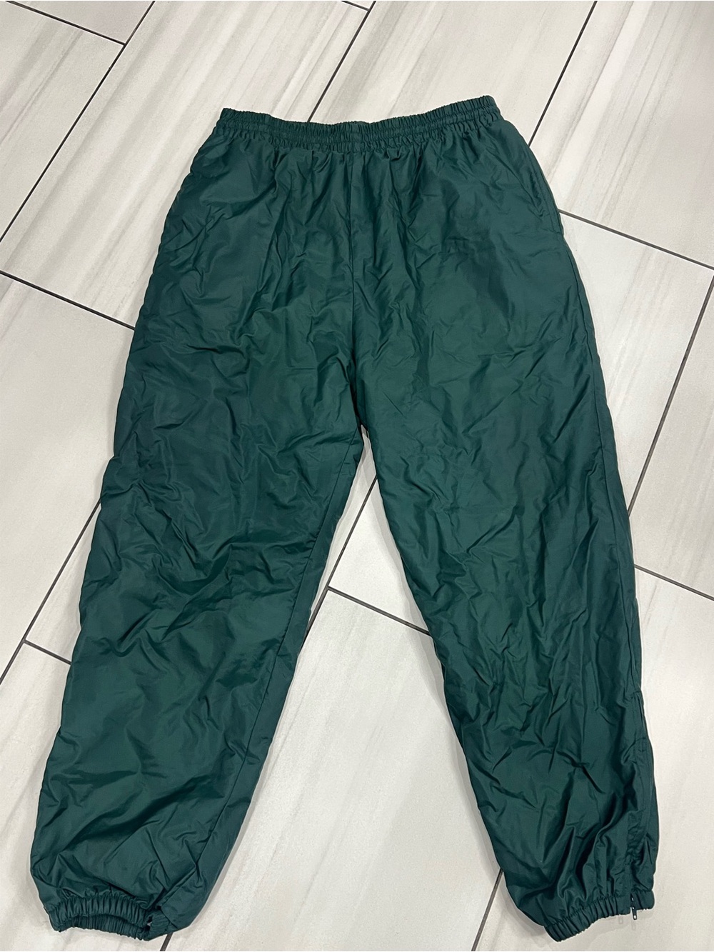 Vintage Warm Up Insulated Track Pants Mens L Green Elastic Waist Zip Ankle Nylon